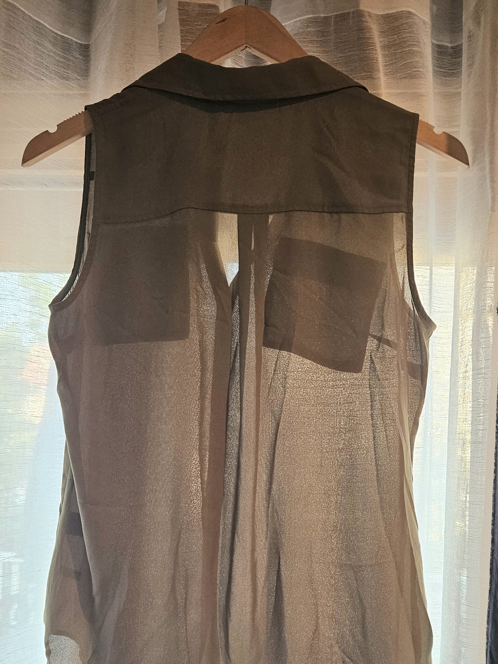NY Collection Sheer Sleeveless Button-Down Top in Olive Green